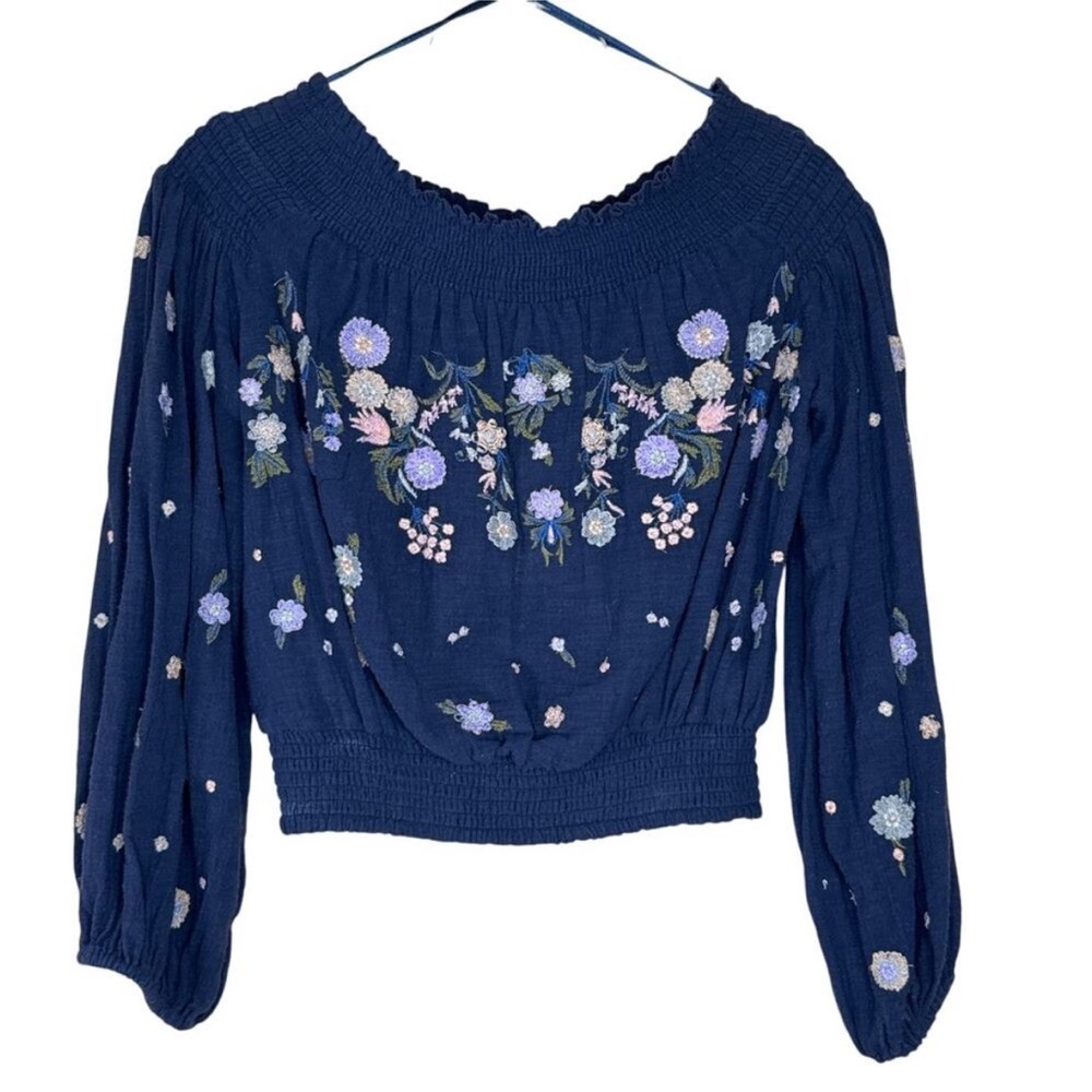 Free People Navy Floral Embroidered Blouse